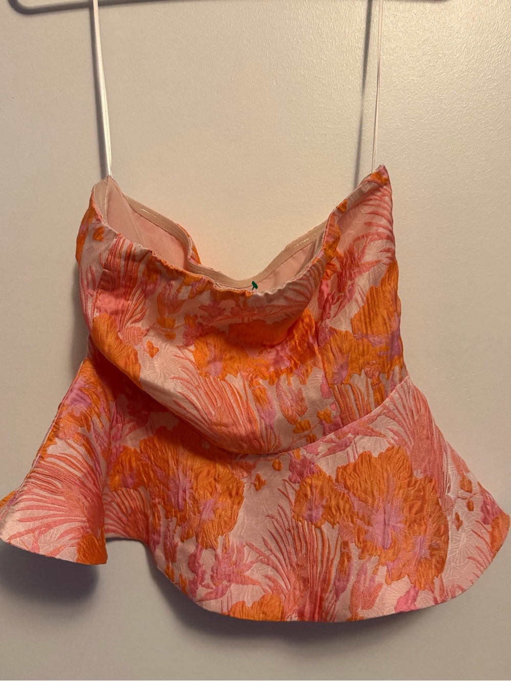 Vici Pink Orange Floral Brocade Jacquard Peplum Strapless Top size small